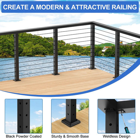 Heavy Duty 36 Inch Stainless Steel Cable Railing Corner Post Featuring 90 Degree L Drilled Holes For Clean Lines And Easy As Pie Assembly Matte Black Finish, installed on a deck.