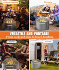 Collage showing the versatility of a portable fire pit in different settings: friends gathering, camping, party, and picnic.