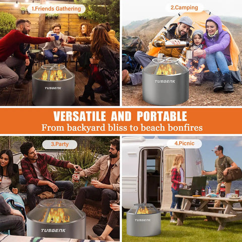 Collage showing the versatility of a portable fire pit in different settings: friends gathering, camping, party, and picnic.