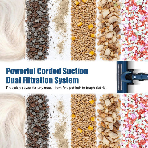 Lightweight Corded Stick Vac With Handheld Conversion For Quick Household Tidy Ups powered by powerful corded suction, showcasing various debris.