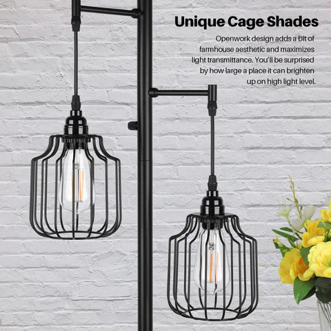 Dimmer Floor Lamp With 3X 800LM LED Edison Bulbs, Tall Standing Corner Lamp In Farmhouse Black, Industrial Rustic Vintage Tree Pole Light With Cage, Perfect For Living Room, Bedroom And Office To Set The Vibe