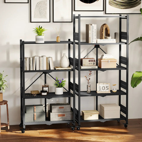 4-Tier Folding Metal Storage Rack With Wheels No-Assembly Heavy Duty Shelving Unit 600 Lb Capacity Collapsible and Mobile Organizer for Kitchen Pantry Bathroom and Closet Easy Setup, black metal shelves with books and decor