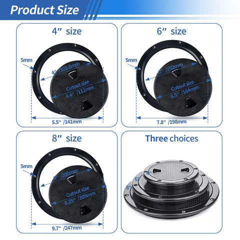 Round Boat Hatch With Detachable Cover, Non Slip Inspection Hatch For Marine Boats And Yachts, Weatherproof ABS Construction, displayed in 4, 6, 8 inch sizes