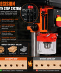 Heavy Duty 8 Inch Benchtop Drill Press Featuring A Robust 400W Induction Motor And Five Speed Settings, showing adjustable depth stop system.