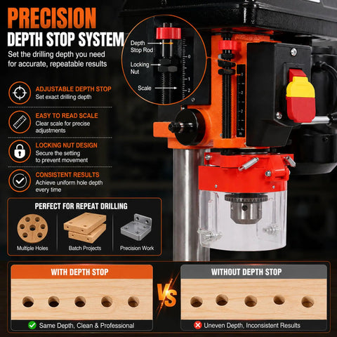 Heavy Duty 8 Inch Benchtop Drill Press Featuring A Robust 400W Induction Motor And Five Speed Settings, showing adjustable depth stop system.