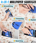 Pro Gear Wallpaper Tools Kit With Seam Roller For Flat And Corner Edges, 4 In 1 Squeegee demonstrating smoothing and trimming