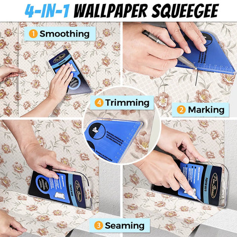 Pro Gear Wallpaper Tools Kit With Seam Roller For Flat And Corner Edges, 4 In 1 Squeegee demonstrating smoothing and trimming