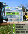 Close-up of Interior Wood Screws Assortment Kit, 1225 Pieces, 10 Size Set with drill and storage organizer outdoors.