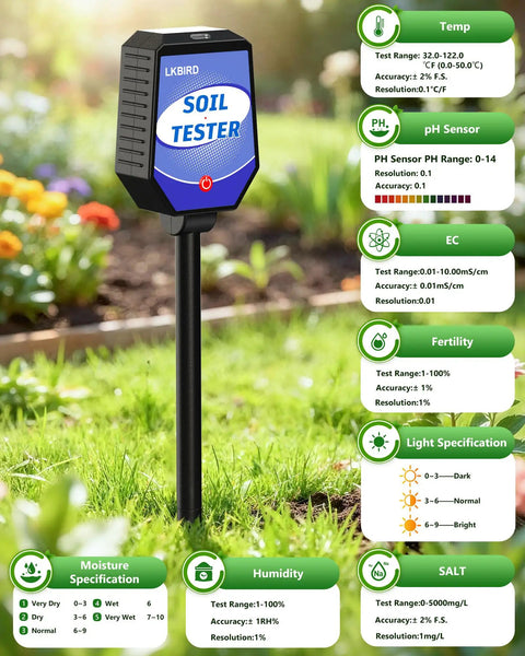 8 In 1 Soil Tester With App Monitoring For Garden Lawn Farm And Indoor Outdoor Plants That Tracks pH Moisture Temperature Light Salinity Fertility EC And Humidity For Next Level Plant Care. black handheld soil tester in garden, stake probe