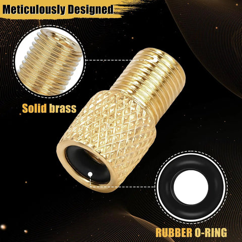 4 Pack Brass Presta To Schrader Valve Adapters For Bikes, E-Bikes, And E-Scooters shown with brass material and rubber O-ring