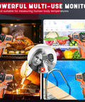 Infrared Thermometer Gun Non Contact Digital Laser Temp Tool Pro Grade showing various uses including cooking and HVAC testing.