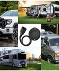 No Sweat Waterproof Rv Shore Power Inlet With Integrated 16 Inch Extension Cord 15 Amp 125 Volt AC Port Receptacle Box for campers and trailers, shown with RVs.
