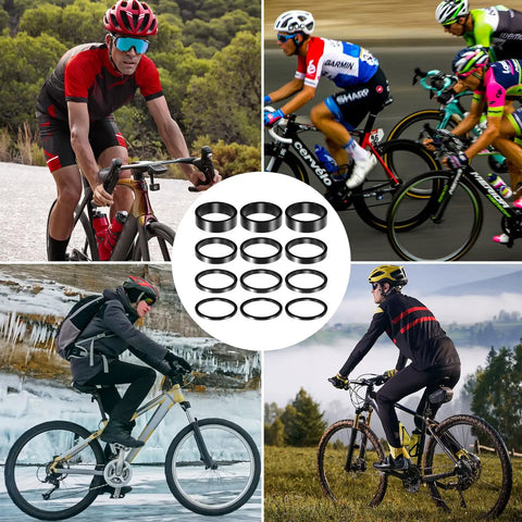 Cyclists with mountain and road bikes alongside Dope 12 Piece Aluminum Bicycle Headset Spacers Set for custom bike fit.