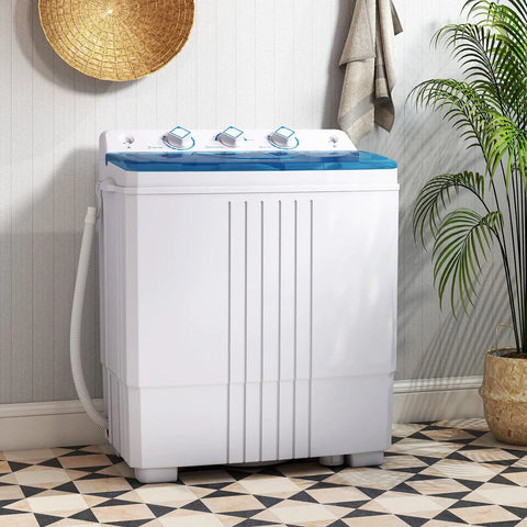 No Sweat Compact Twin Tub Washer And Spinner Combo Portable 20 Lb Heavy Duty Laundry Machine in a stylish room with plants.