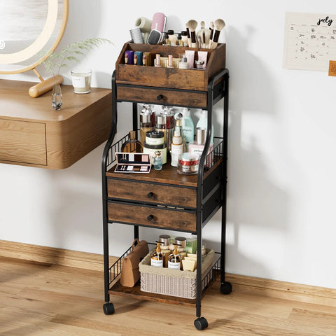Rolling Makeup Organizer Cart With Wheels For Floor Skincare Storage, Non Woven Drawers, Vanity Organizer And Cosmetic Display Cabinet