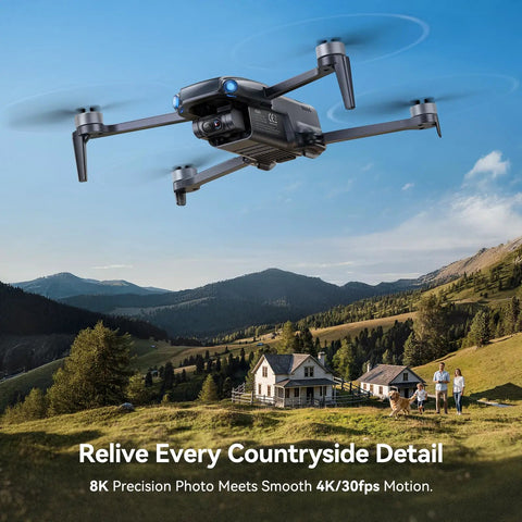 Ultra Portable Pocket Drone Under 249g With 4K Video And 8K Photo flying above countryside landscape