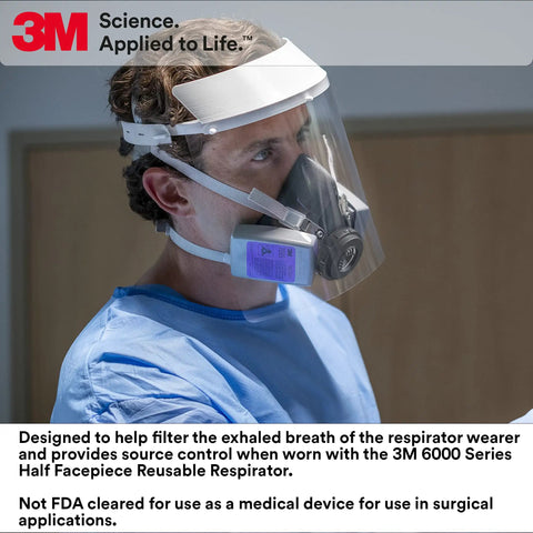 Person wearing Exhalation Valve Filter 604 EVF Pack Of 6 For Reusable Half Facepiece Respirator 6000 Series with face shield.
