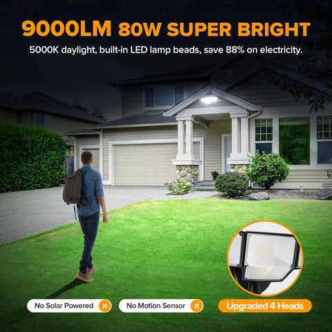 80W Dusk To Dawn Flood Light 9000 Lumens Led Security Beam With Photocell Ip65 Waterproof 4 Head Adjustable Outdoor Fixture For Garage Yard Crushing The Night Cool White illuminating a home entrance at night with a person walking.