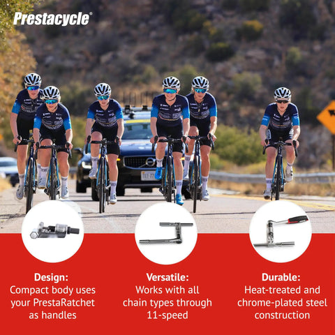 Cyclists on road with Ultra Compact Beefy Heavy Duty Bike Chain Breaker Tool Accessory With Heat Treated Chrome Plated Build