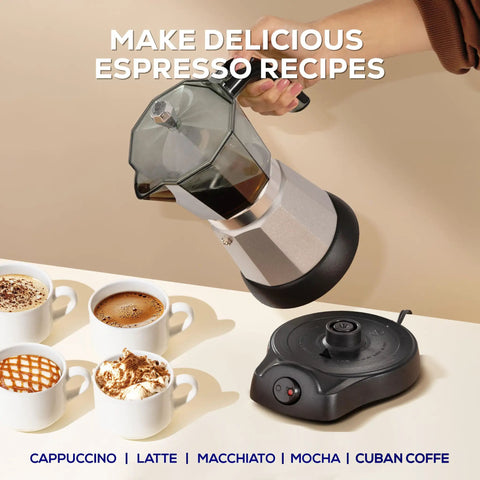 Electric Moka Pot 6 Cup Cuban Espresso Maker with Detachable Base next to cups of coffee and base