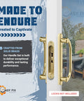 Legacy Sliding Glass Door Offset Latch Gold Handle Set Replacement Eight And One Half Inch Escutcheon Plate Fits Three And Fifteen Sixteenths Inch Screw Hole Spacing And One And Quarter To Two And Quarter Inch Door Thickness Sash Controls 2265 installed on door