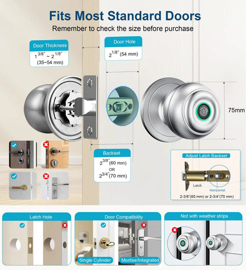 Fingerprint Door Lock with Biometric Thumbprint, App Control, and Key Access for standard doors, silver finish, size details