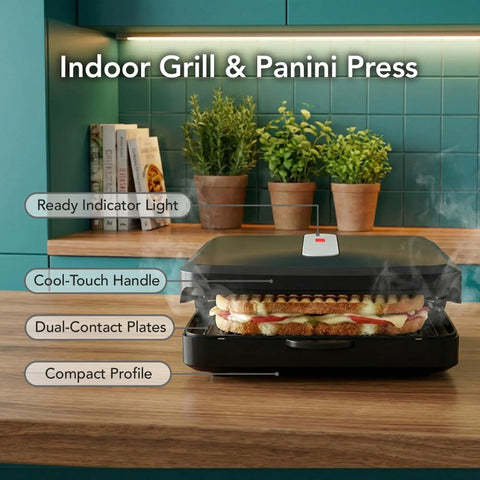 Ovente Two Serving Electric Indoor Grill And Panini Press Compact Contact Maker For Juicy Steaks Bold Smoky Flavor No Outdoor Mess Black Kitchen Appliance, showing cool-touch handle and dual-contact plates.