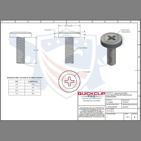 Technical diagram showing dimensions of black oxide coated steel Phillips flat head truss machine screws 1/8, 1/4, 3/8, 1/2 inch