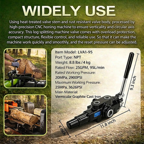 Hydraulic Heavy Duty Log Splitter Valve With Joystick 1 Spool 25 GPM 3626 PSI, shown in operation with logs in woodland.
