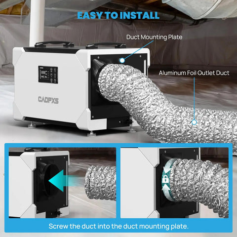Go To 6 Inch Flexible Dehumidifier Duct Aluminum Foil Outlet for crawlspace ventilation, attached to a dehumidifier unit