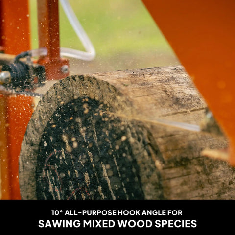125 Inch Sawmill Bandsaw Blades Five Pack DoubleHard 10 Degree All Purpose For Heavy Duty Wood Cutting And Milling Durable Steel Blades With Long Lasting Sharpness in action, cutting mixed wood species with visible sawdust.