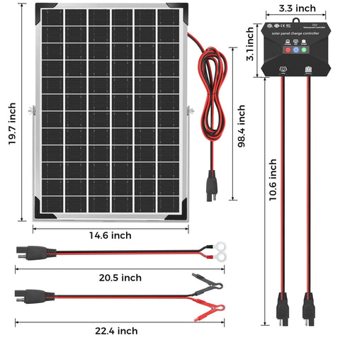 30W 24V Solar Panel Kit With MPPT Charge Controller For RV Car Boat Tractor And Camping, dimensions and components displayed.