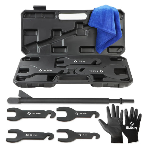Pneumatic Fan Clutch Removal Tool Kit With TriLock Joint 8 Piece Carbon Steel Wrench Set For Ford GM Chrysler Jeep Includes 7 Attachments Gloves Towel And Heavy Duty Carry Case, open case