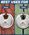 16 Pack Keyed Alike Disc Pad Locks Stainless Steel 2-3/4 Wide 3/8 Shackle on sheds and gates