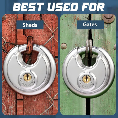16 Pack Keyed Alike Disc Pad Locks Stainless Steel 2-3/4 Wide 3/8 Shackle on sheds and gates