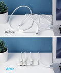 Before and after desktop using Magnetic Cable Holder With 5 Clips For Lightning, USB C, Micro USB And Other Wires, 2 Pack In Blue.