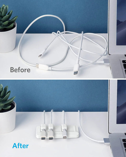 Before and after desktop using Magnetic Cable Holder With 5 Clips For Lightning, USB C, Micro USB And Other Wires, 2 Pack In Blue.