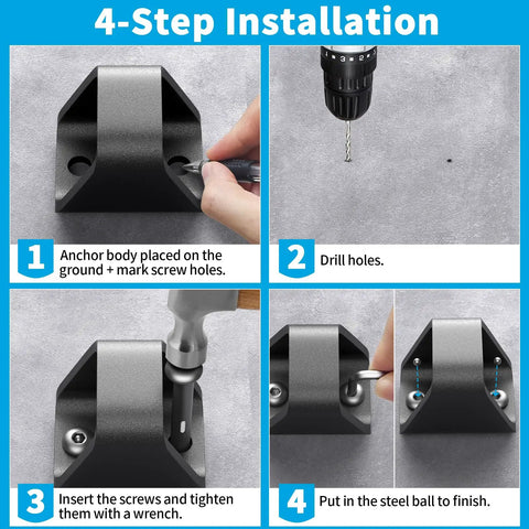 4-step installation process of Premium Heavy Duty Badass Security Ground Anchor With Two Protected Expansion Bolts.