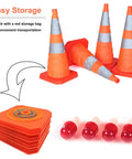 Four Five Pack 18 Inch Collapsible Traffic Cones With LED Night Lights displayed with storage bag and red LED lights