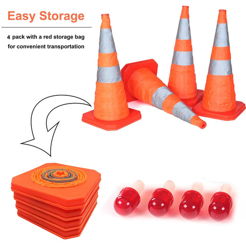 4 Pack 27.6 Inch Collapsible Traffic Cones With Nighttime LED Lights Must Have Pop Up Safety Road Cones For Parking And Construction Fluorescent Orange With Reflective Strips Folds Flat To 1.6 Inches Includes Red Storage Bag, shown with folded cones, lights and storage bag