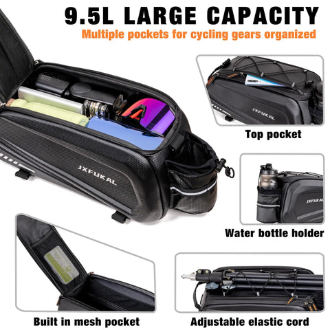Hard Shell Waterproof Bike Rack Bag For Rear Carrier 9.5L with open main compartment, side mesh pocket, and elastic top cord.