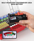 Ultra Large Battery Storage Organizer Case With Built In Tester Holds Over 280 Batteries Dual Sided Variety Pack For AA AAA C D 9V Lithium 18650 CR2 CR123 CR1632 And More For DIYers Red, hand holding tester
