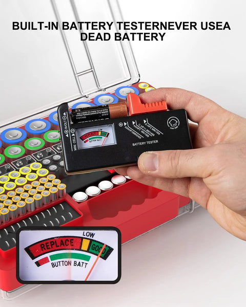 Ultra Large Battery Storage Organizer Case With Built In Tester Holds Over 280 Batteries Dual Sided Variety Pack For AA AAA C D 9V Lithium 18650 CR2 CR123 CR1632 And More For DIYers Red, hand holding tester