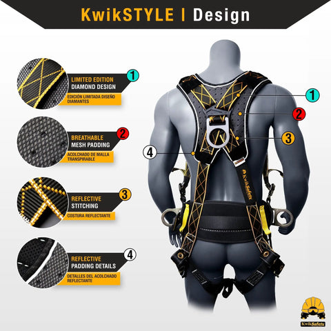Solid As A Rock Full Body Fall Protection Safety Harness With Cushioned Lumbar Pad Multiple D Ring Attachment Points Quick Lock Buckles showing breathable mesh padding and reflective details.