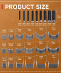 Product size chart for 27 Piece Leather Punch Kit With 9 Round Punches And 18 Specialty Punches For Leatherworking Includes EVA Case And Rubber Mat For Belts Straps And Bags Pro Grade Do It Yourself Friendly Belt End Punch Set, showing dimensions of each punch.