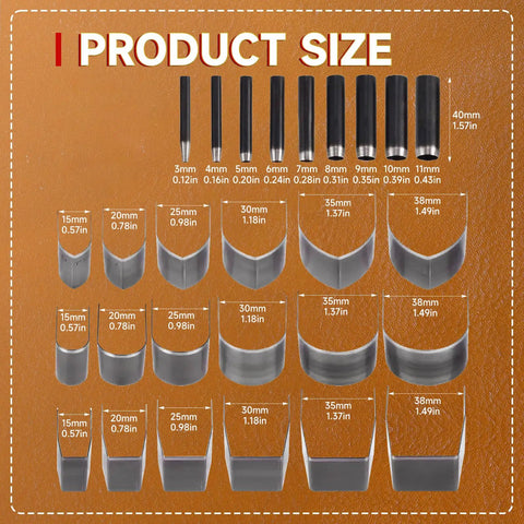 Product size chart for 27 Piece Leather Punch Kit With 9 Round Punches And 18 Specialty Punches For Leatherworking Includes EVA Case And Rubber Mat For Belts Straps And Bags Pro Grade Do It Yourself Friendly Belt End Punch Set, showing dimensions of each punch.