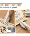 Mini Bag Sealer 2 In 1 Heat Sealer With Cutter And Magnet Portable Resealer for Chips And Snacks Handheld USB Rechargeable White in use
