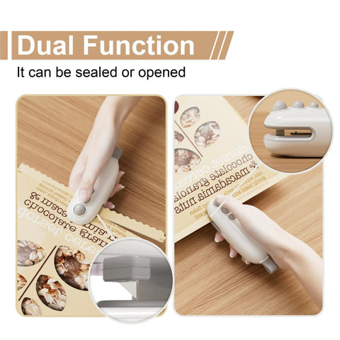 Mini Bag Sealer 2 In 1 Heat Sealer With Cutter And Magnet Portable Resealer for Chips And Snacks Handheld USB Rechargeable White in use