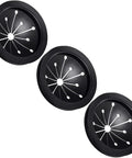 Three eco-friendly black rubber splash guards from the Four Pack Garbage Disposal Splash Guards And Stopper Set For Three And One Eighth Inch Drains.