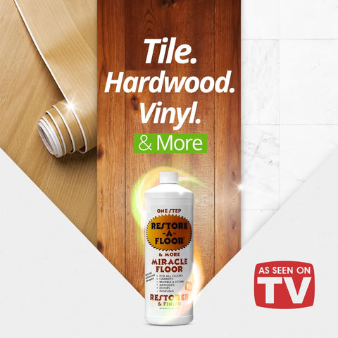 Showroom Ready Hella Glossy Floor Polish And Restorer With High Gloss Wax Coating That Fills Scratches And Brings New Life To Dull Hardwood Laminate Vinyl Tile And Marble Surfaces Today on a bottle with wood and tile surfaces in background.